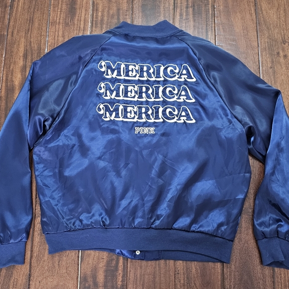 PINK Victoria's secret blue Satin merica bomber jacket size L - Picture 2 of 4